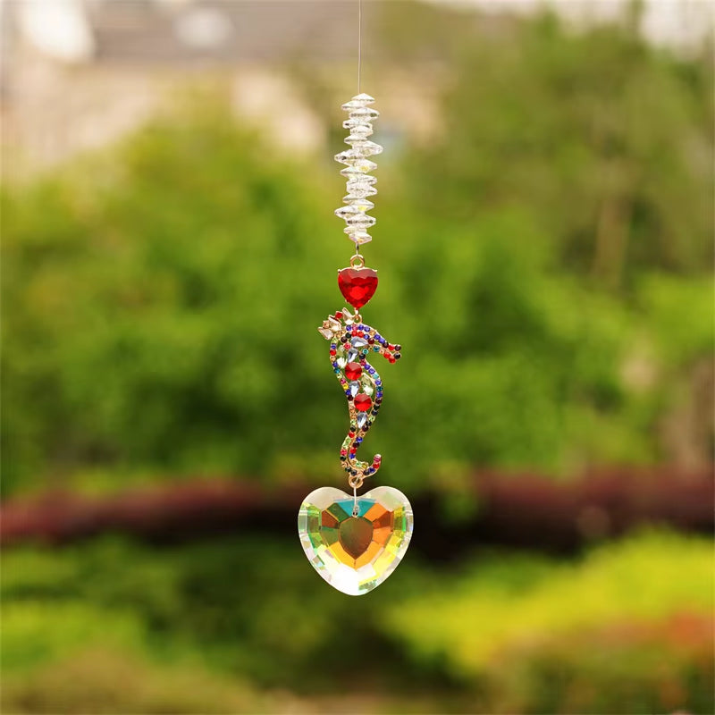 Crystal heart suncatcher with colorful beads for charming garden decor wind chime