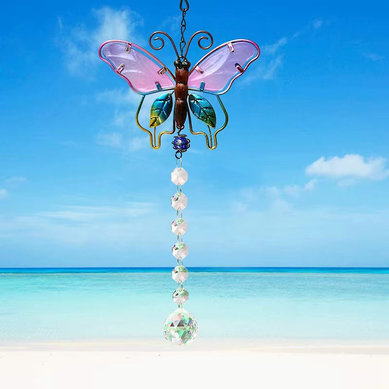 Pink and green butterfly suncatcher with crystal beads for garden decor
