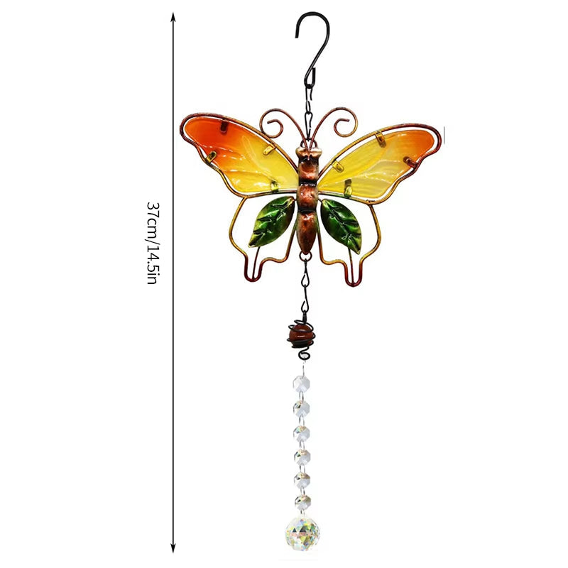 Decorative butterfly suncatcher with orange-yellow wings and crystal beads for garden decor