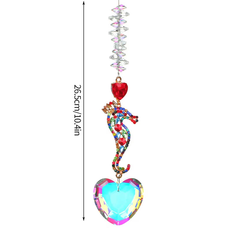 Crystal suncatcher with seahorse and heart pendants for garden decor wind chime