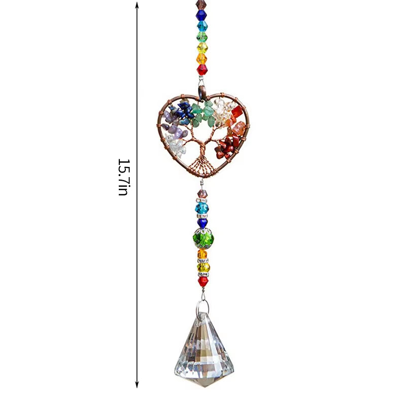 Heart-shaped copper wire Tree of Life suncatcher with rainbow crystals and prism pendant