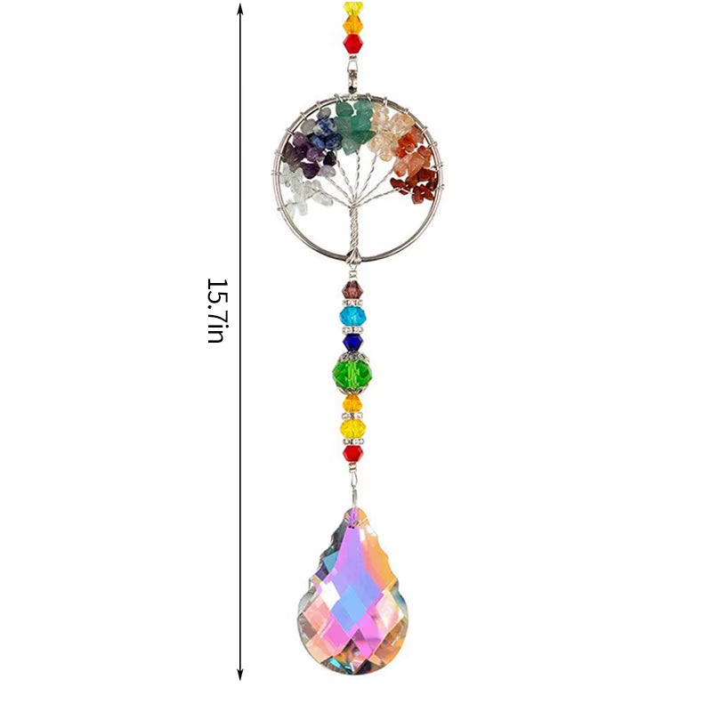 Tree of Life crystal suncatcher with rainbow beads and teardrop prism pendant for garden