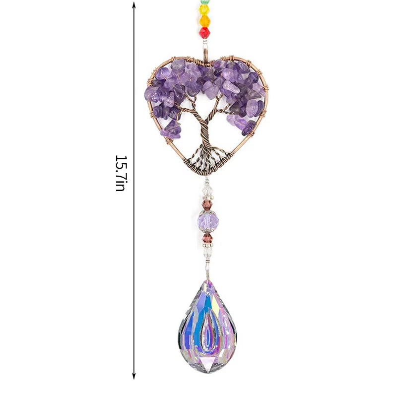 Wire-wrapped Amethyst tree of life pendant with crystal teardrop for garden decor