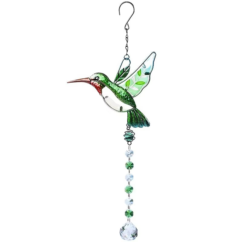 Decorative green stained glass hummingbird suncatcher with crystal beads for gardens