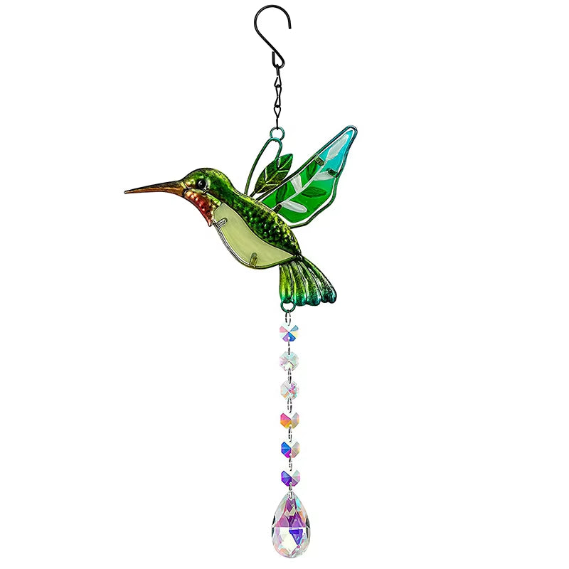 Green glass hummingbird suncatcher with crystal beads for garden decor