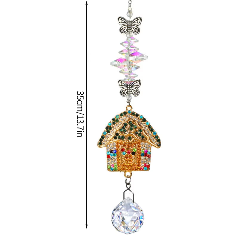 Crystal Wind Chime Suncatcher with bejeweled house pendant and butterfly accents