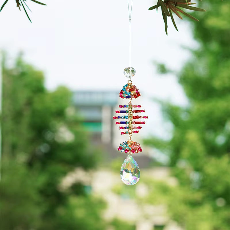 Crystal Wind Chime Suncatcher shaped like a fish with colorful beads for garden decor