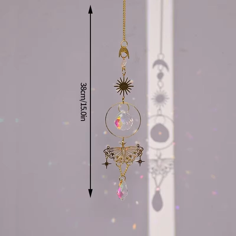 Decorative hanging crystal suncatcher featuring butterfly and star design for outdoor use