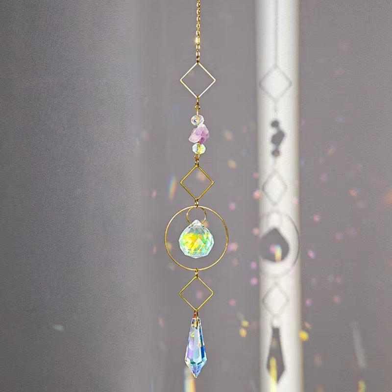 Crystal Wind Chimes featuring a geometric suncatcher with colorful glass beads