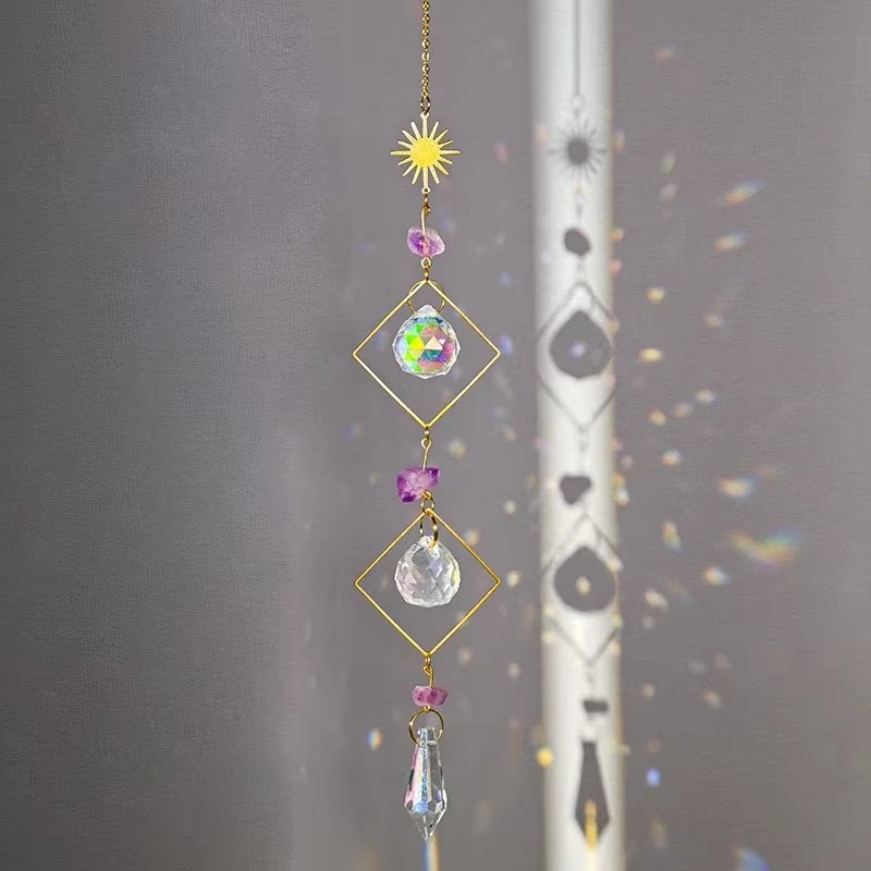 Crystal suncatcher with geometric shapes and pink beads for outdoor sun catchers