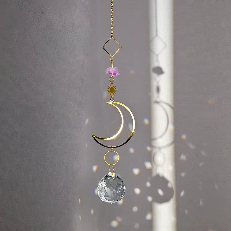 Decorative crystal suncatcher with crescent moon and hanging prism ball for outdoor use