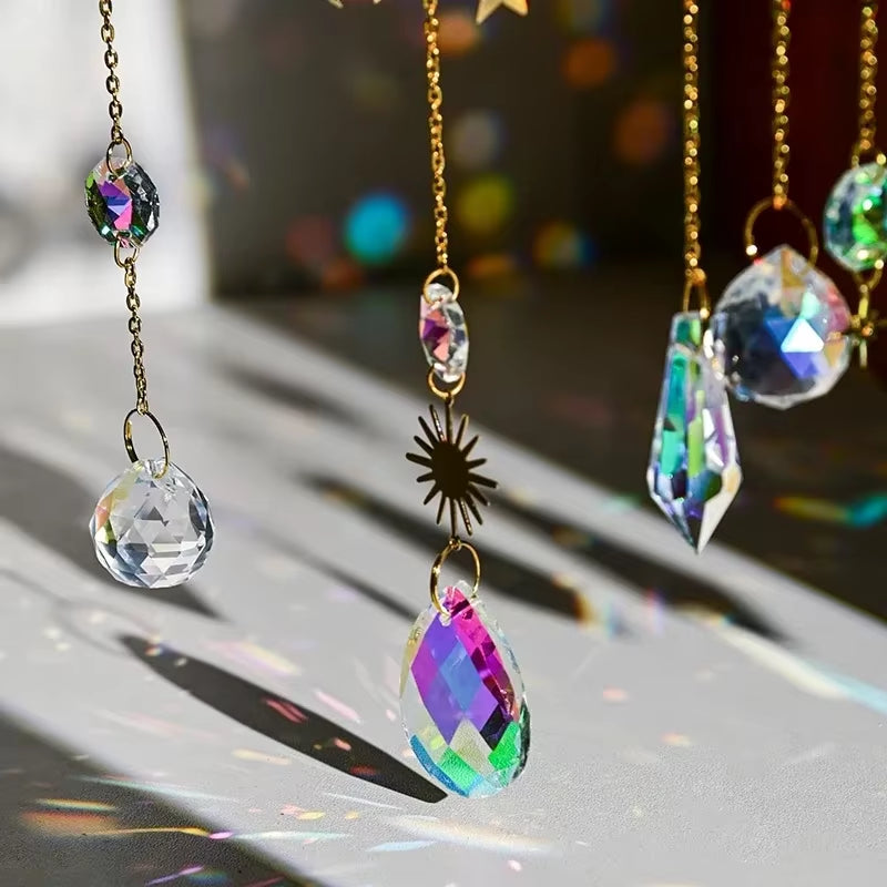 Crystal Wind Chimes with prisms casting colorful rainbow reflections outdoors