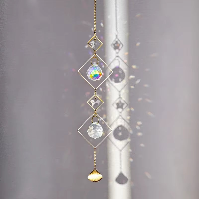 Crystal suncatcher with geometric diamonds and fan pendant on gold chain for outdoor decor