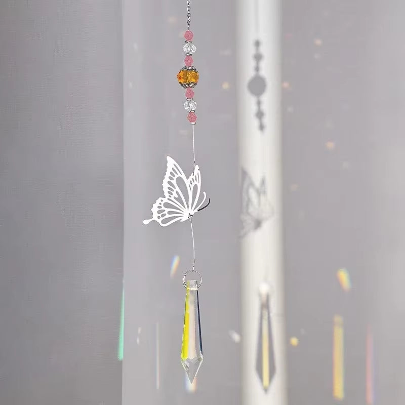 Crystal Wind Chimes featuring white butterfly design and colorful bead suncatcher