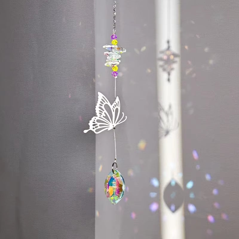 Crystal Wind Chimes featuring a butterfly design and colorful beads for outdoor decor