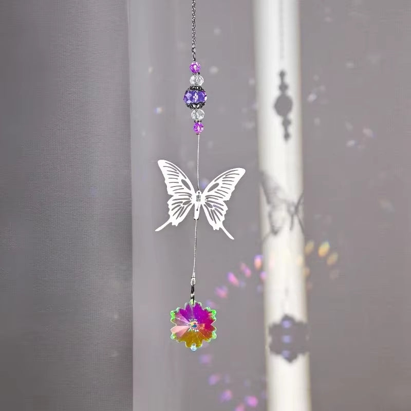Delicate crystal suncatcher with white butterfly and purple beads for outdoor decor