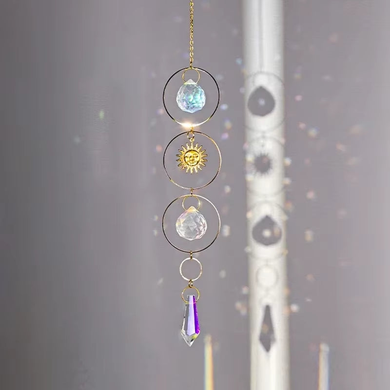Hanging crystal suncatcher with rings and prism pendant for beautiful outdoor decor