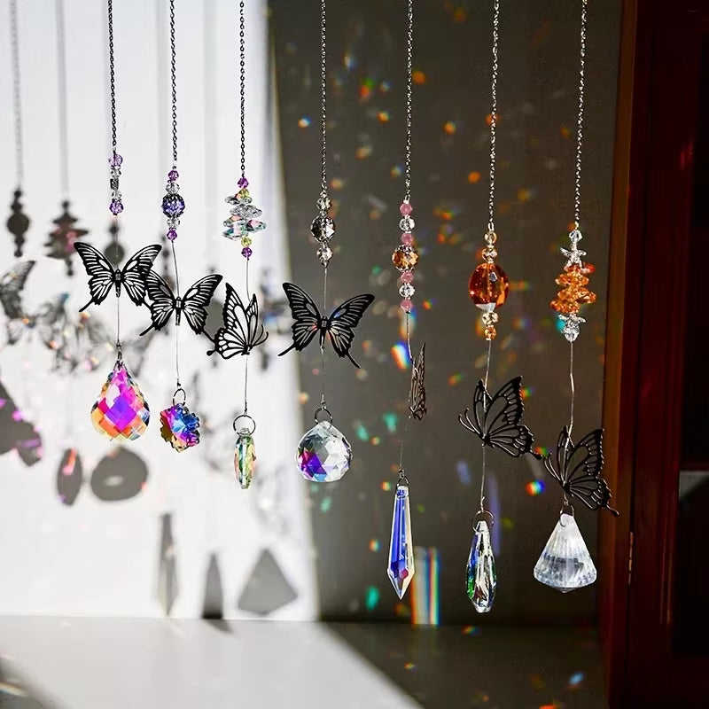 Crystal Wind Chimes featuring butterfly ornaments and sparkling suncatchers