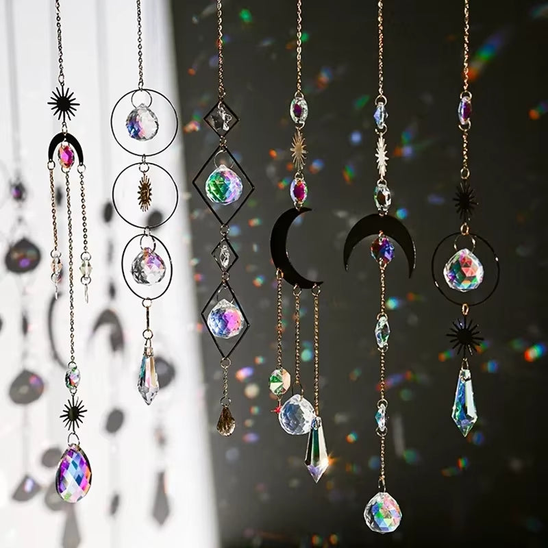 Crystal Wind Chimes featuring celestial suncatchers and hanging prisms for outdoor decor