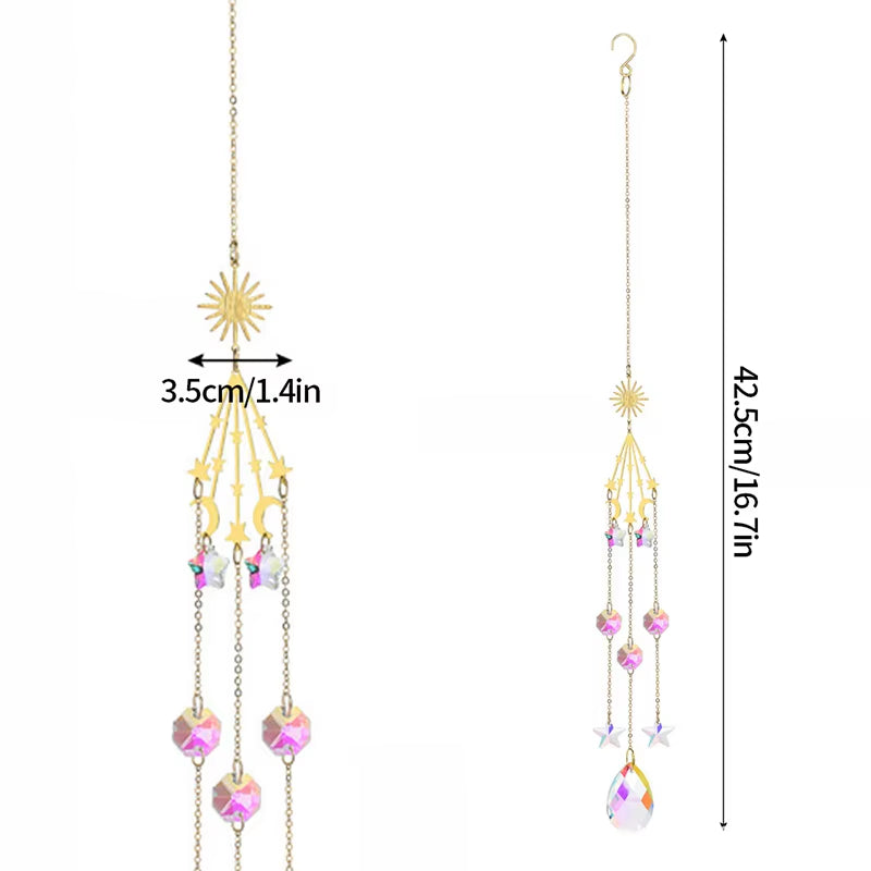 Delicate hanging crystal suncatcher with pink beads and gold starburst accent