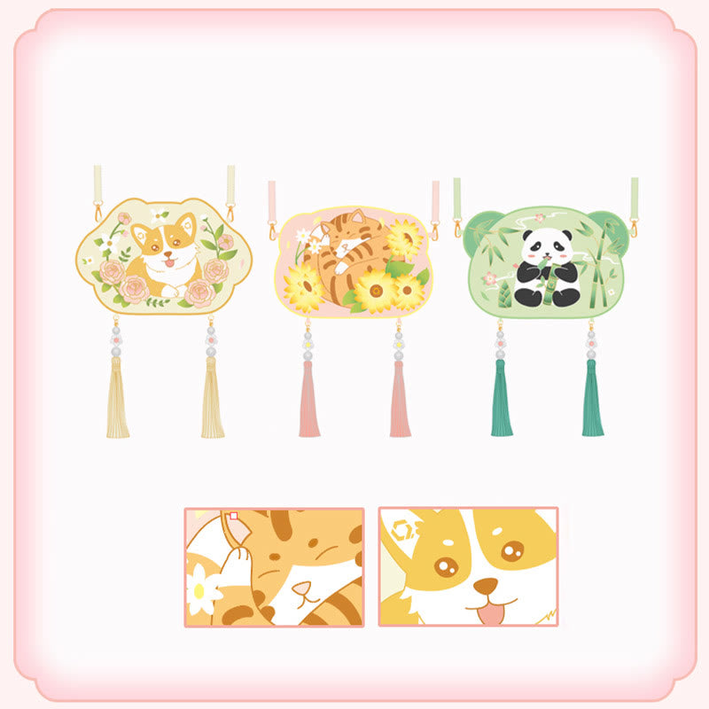 Süße Hanfu-Tasche mit Tierstickerei | Glückliche Panda-Katze-Umhängetasche