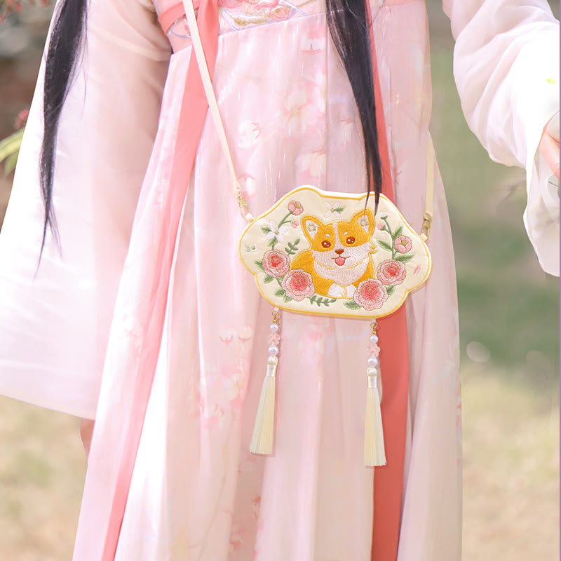 Süße Hanfu-Tasche mit Tierstickerei | Glückliche Panda-Katze-Umhängetasche