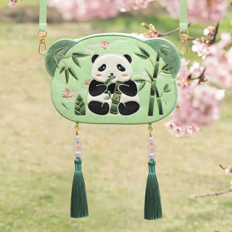 Süße Hanfu-Tasche mit Tierstickerei | Glückliche Panda-Katze-Umhängetasche