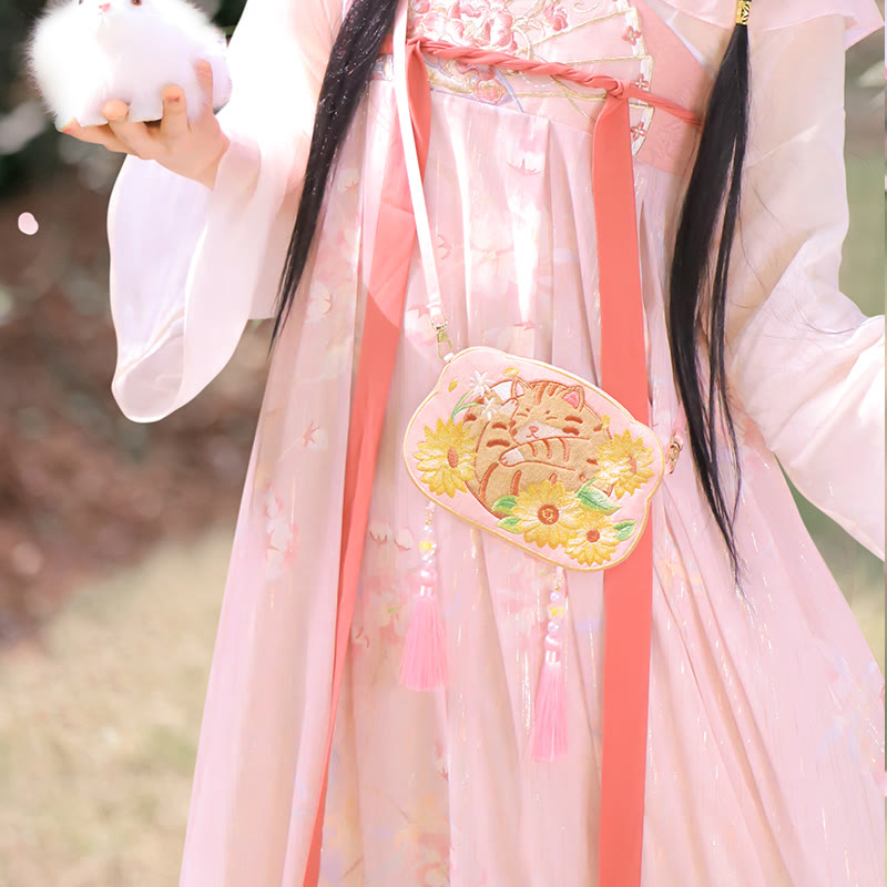 Süße Hanfu-Tasche mit Tierstickerei | Glückliche Panda-Katze-Umhängetasche