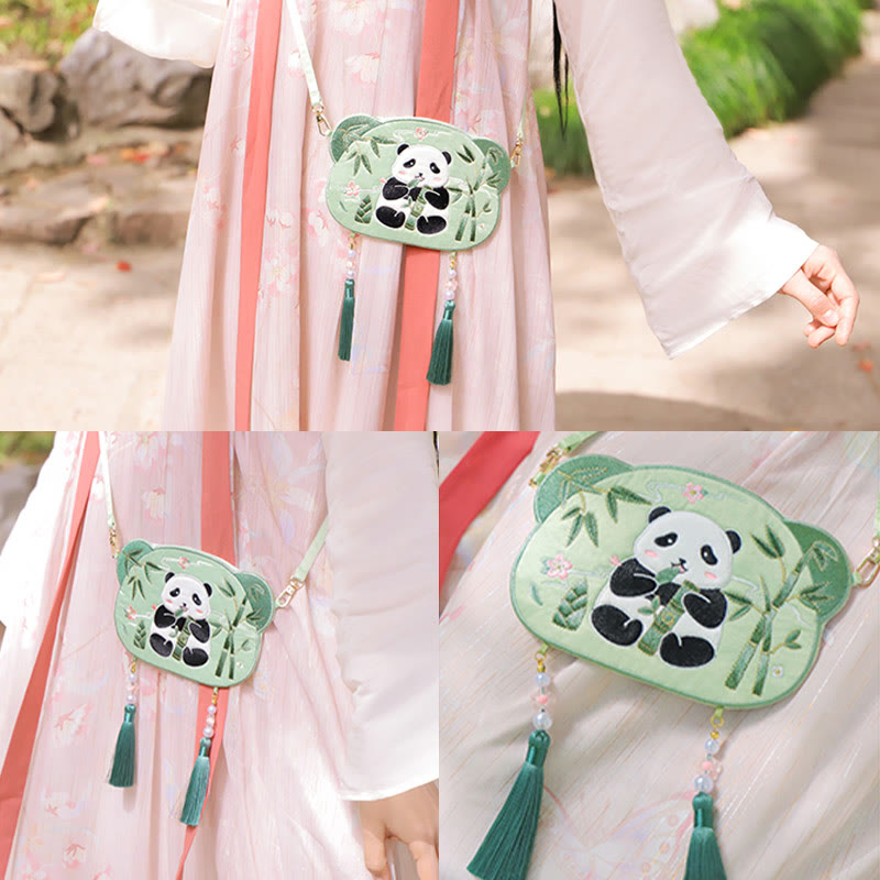 Süße Hanfu-Tasche mit Tierstickerei | Glückliche Panda-Katze-Umhängetasche