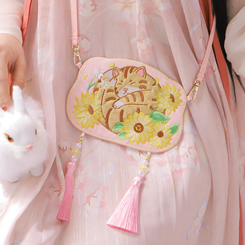 Süße Hanfu-Tasche mit Tierstickerei | Glückliche Panda-Katze-Umhängetasche