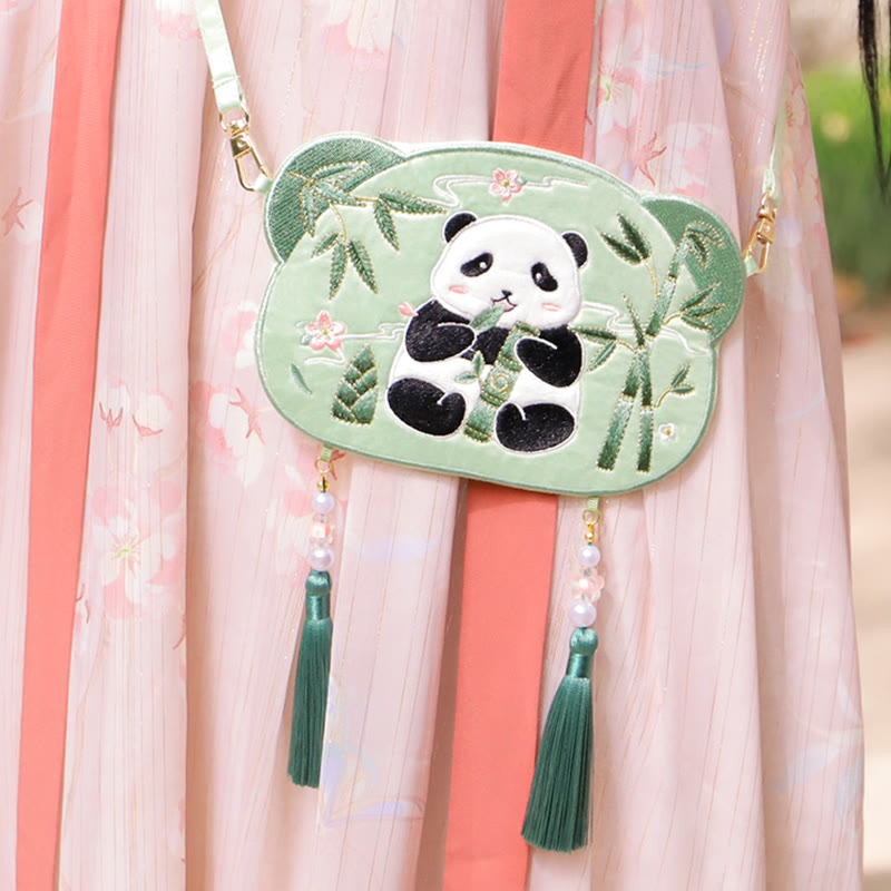 Süße Hanfu-Tasche mit Tierstickerei | Glückliche Panda-Katze-Umhängetasche