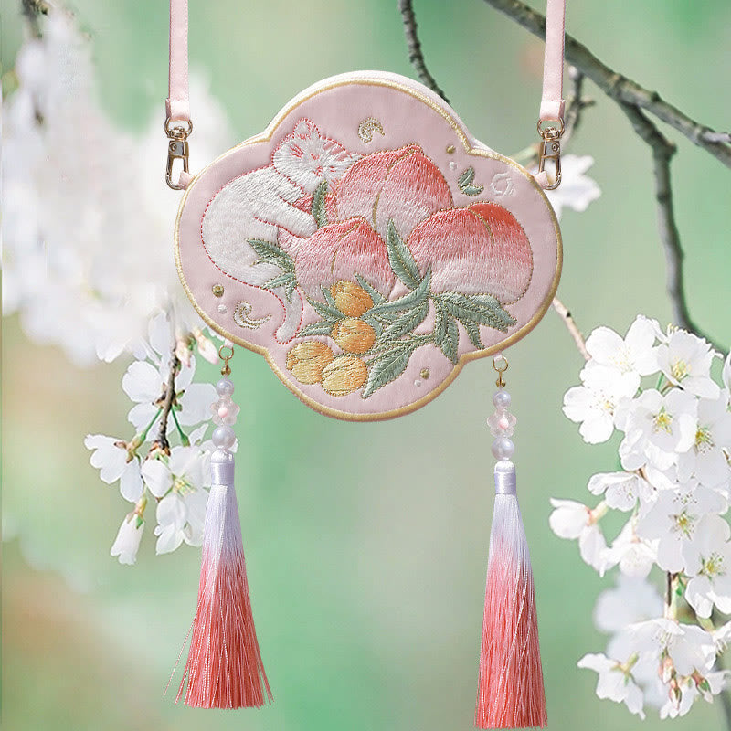 Süße Hanfu-Tasche mit Tierstickerei | Glückliche Panda-Katze-Umhängetasche