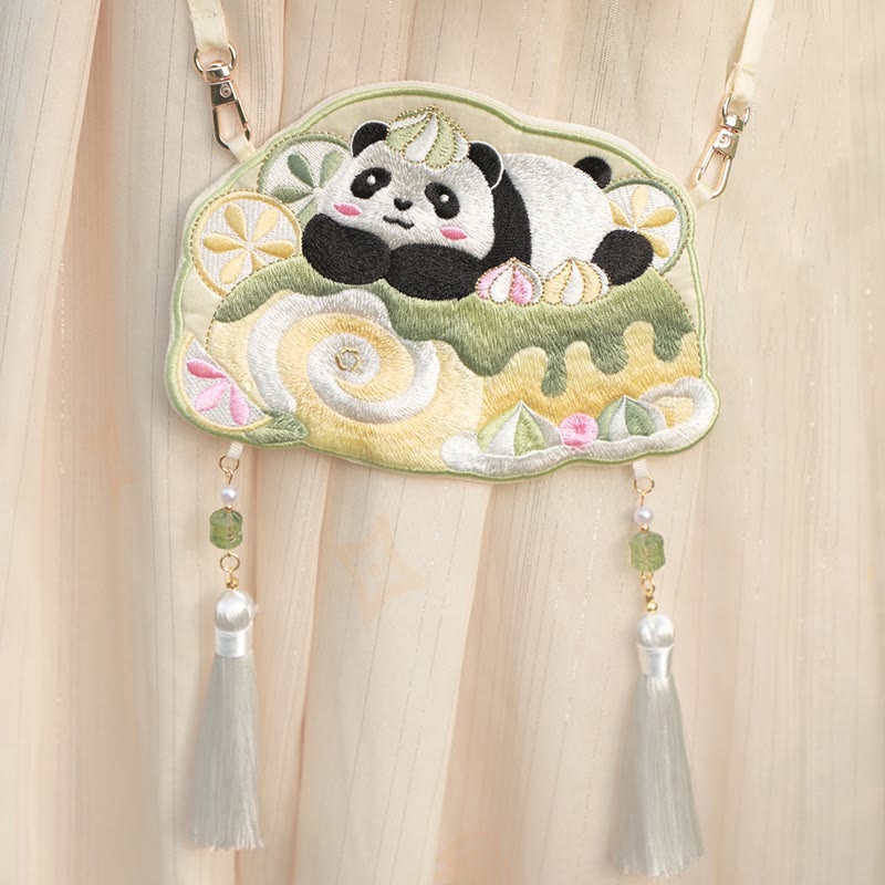 Süße Hanfu-Tasche mit Tierstickerei | Glückliche Panda-Katze-Umhängetasche