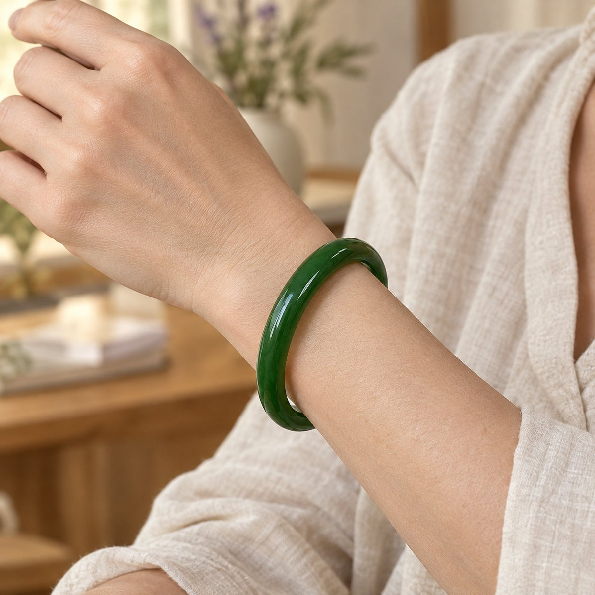Longevity Cyan Jade Bangle Bracelet 56mm for Healing, worn on the wrist by a woman