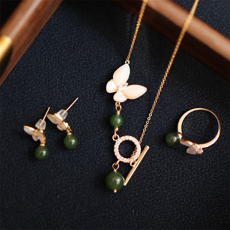 Cyan Jade Schmetterling Heilung Halskette Ring Ohrringe Set