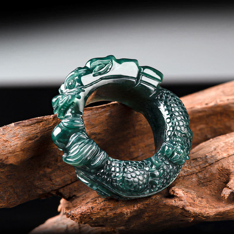 Cyan Jade Geschnitzter Erfolgsring mit Drachenmotiv, 21–22 mm