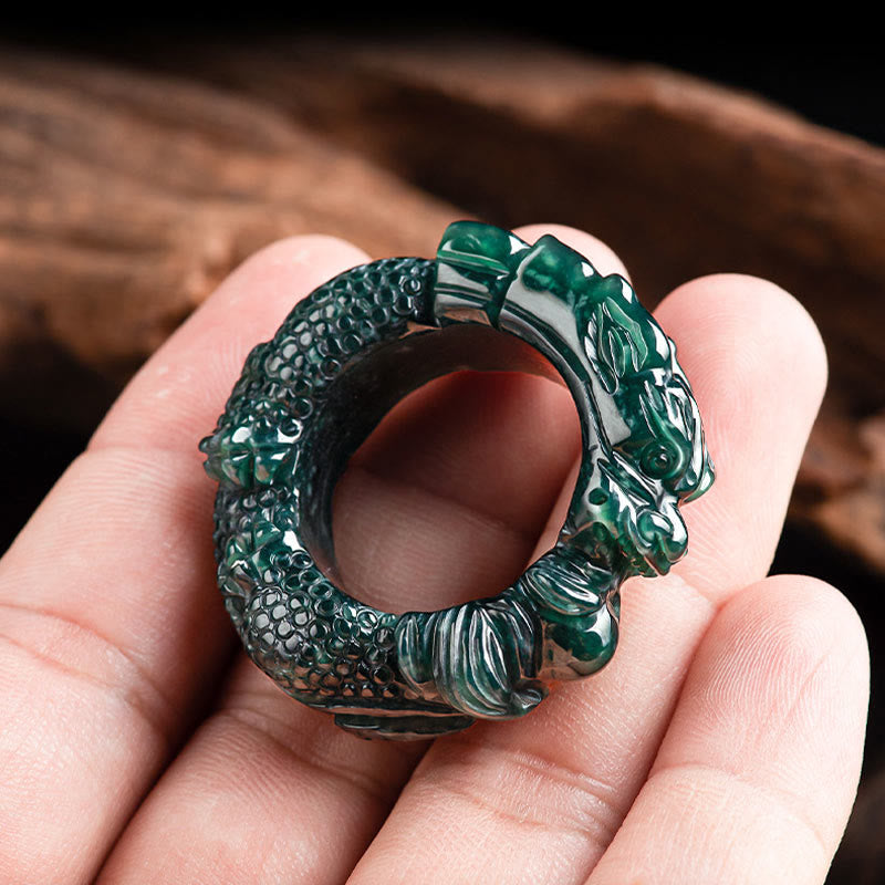 Cyan Jade Geschnitzter Erfolgsring mit Drachenmotiv, 21–22 mm