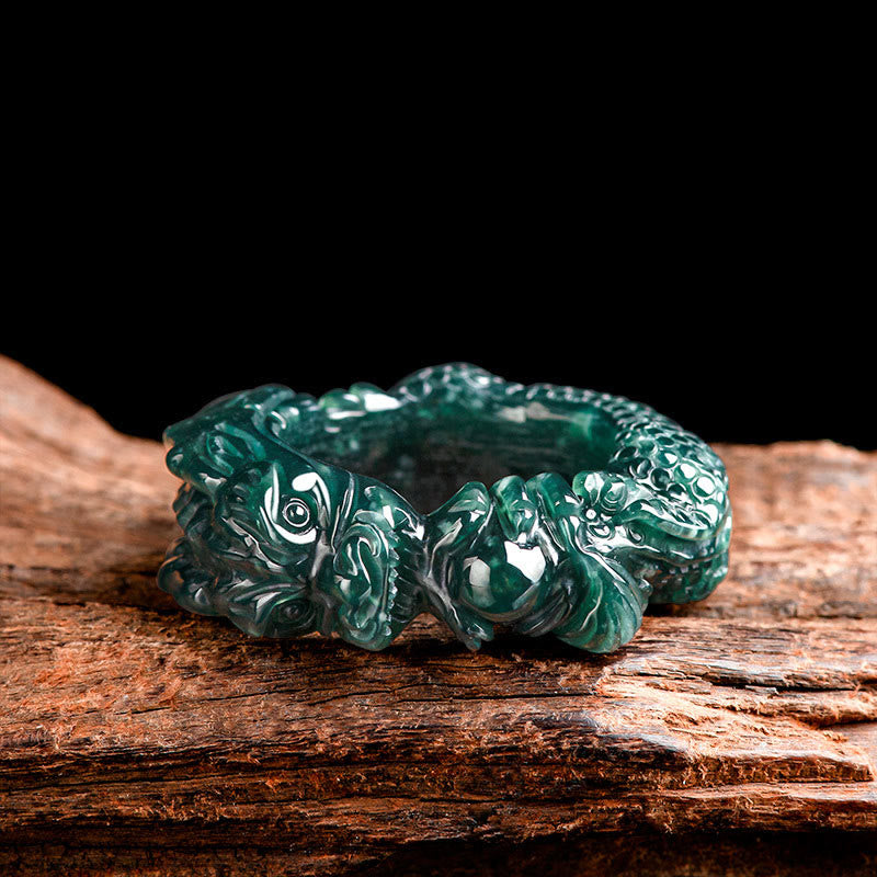 Cyan Jade Geschnitzter Erfolgsring mit Drachenmotiv, 21–22 mm