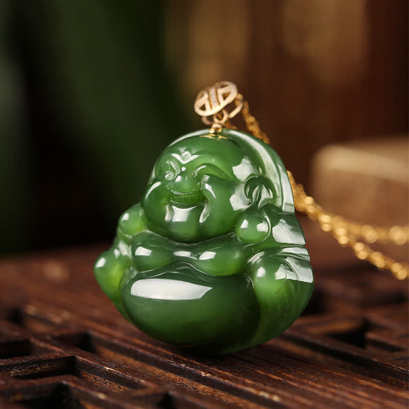 Cyan Jade Lachender Buddha Erfolgsanhänger | 925 Silber &amp; 18 Karat Gold