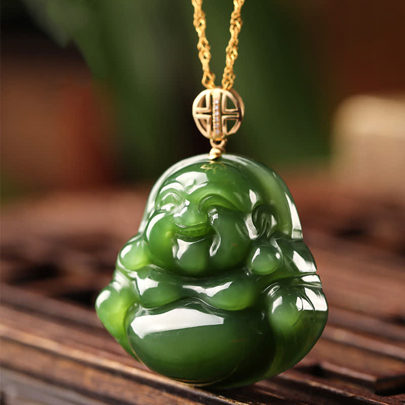 Cyan Jade Lachender Buddha Erfolgsanhänger | 925 Silber &amp; 18 Karat Gold