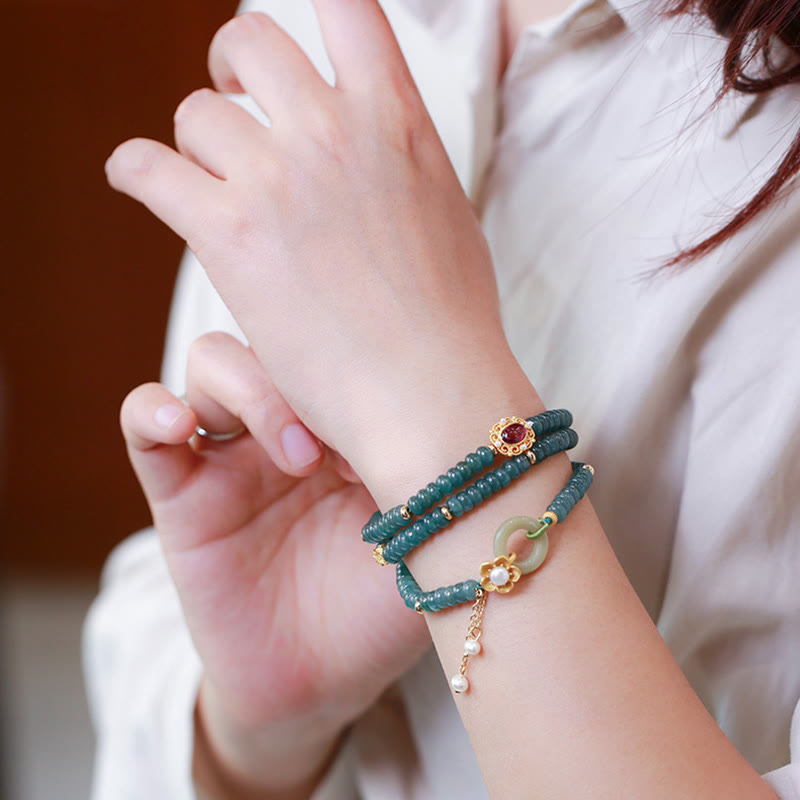 Cyan Jade Success Dreifach-Wickelarmband mit silberner Peace-Schnalle