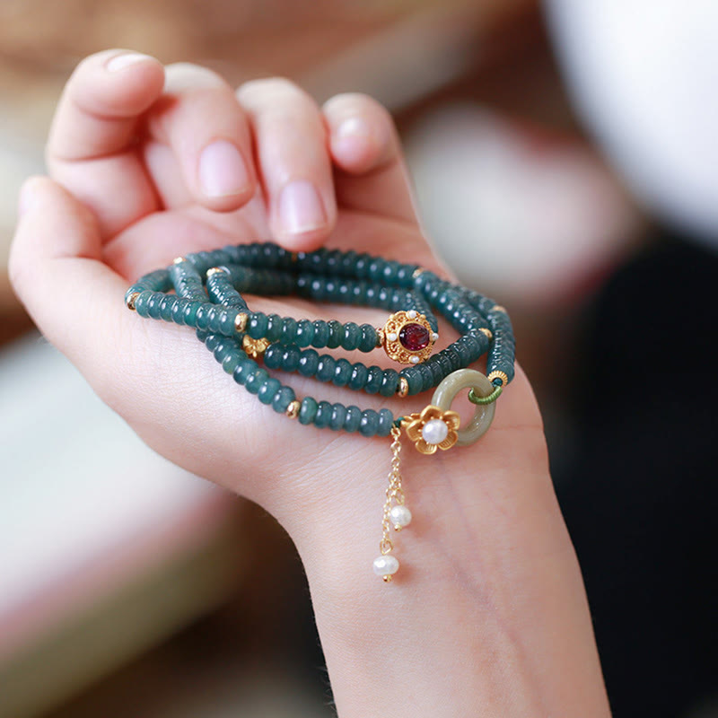 Cyan Jade Success Dreifach-Wickelarmband mit silberner Peace-Schnalle