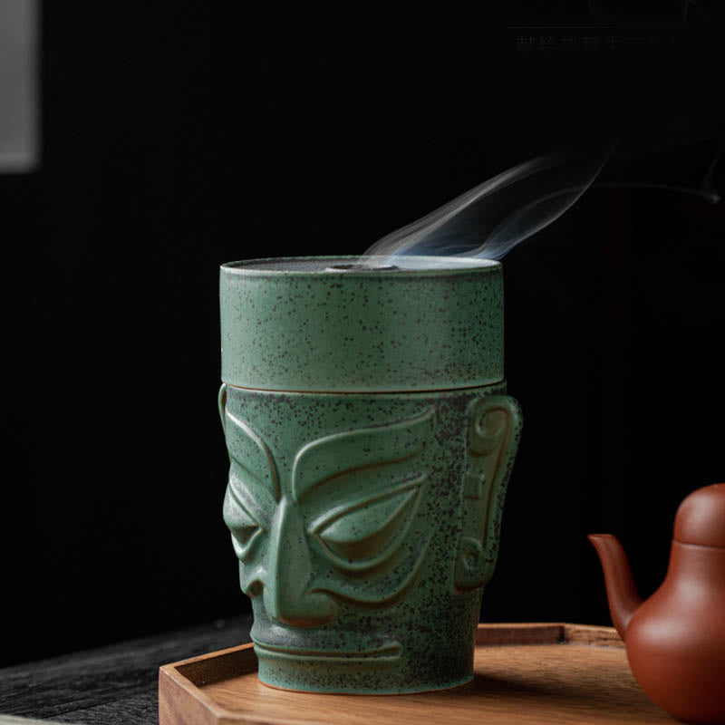 Sanxingdui Ceramic Incense Burner Inspired by Bronze Age Mask Meditation
