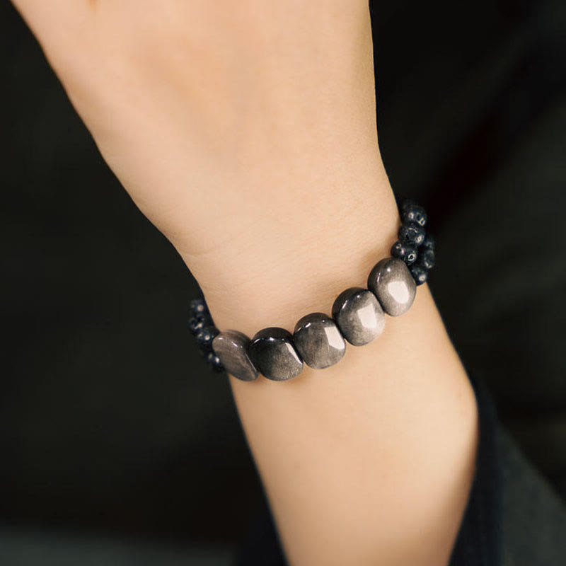 Silver Sheen Obsidian Lava Rock Communication Bracelet 16cm