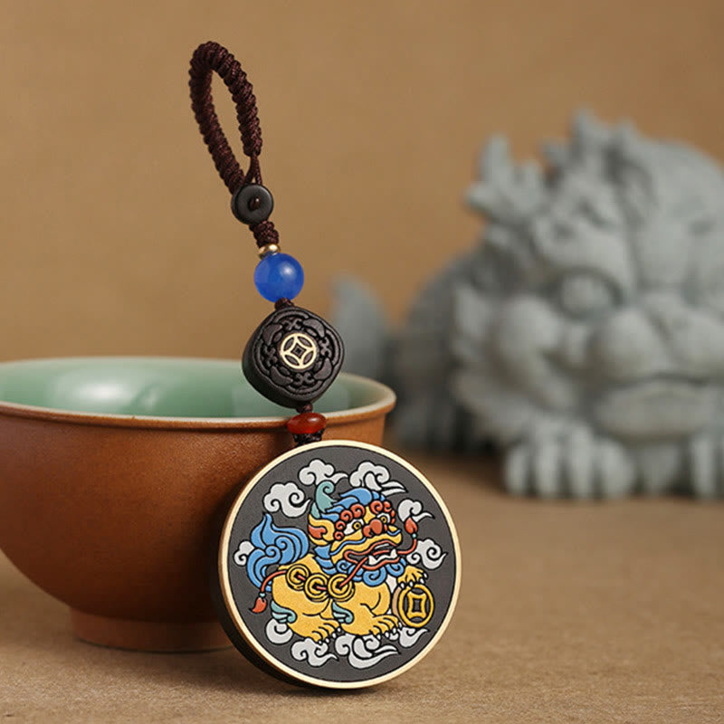 Pixiu Copper Coin Ebony Wood Luck Key Chain