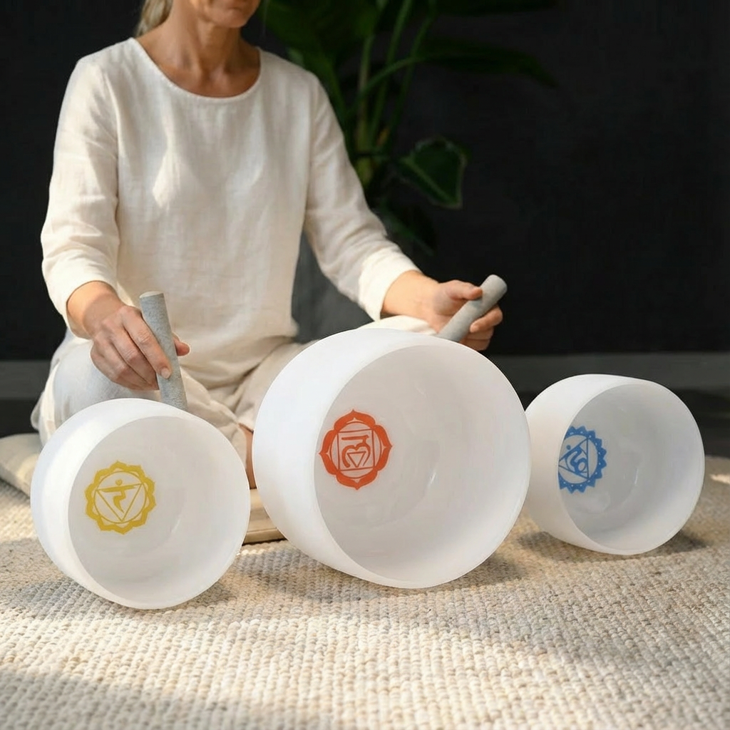 Chakra-Symbol, 3-tlg. Klangschalen-Set aus Kristall, 20,3 cm G, 25,4 cm E und 30,5 cm C.