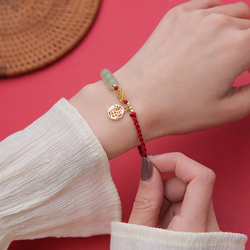 Jade Bead Bracelet with Fu Charm on Red Rope for Luck & Prosperity