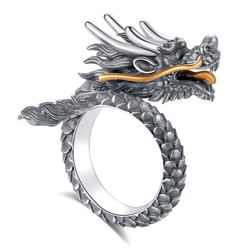 925 Sterling Silver Adjustable Dragon Ring for Protection & Strength