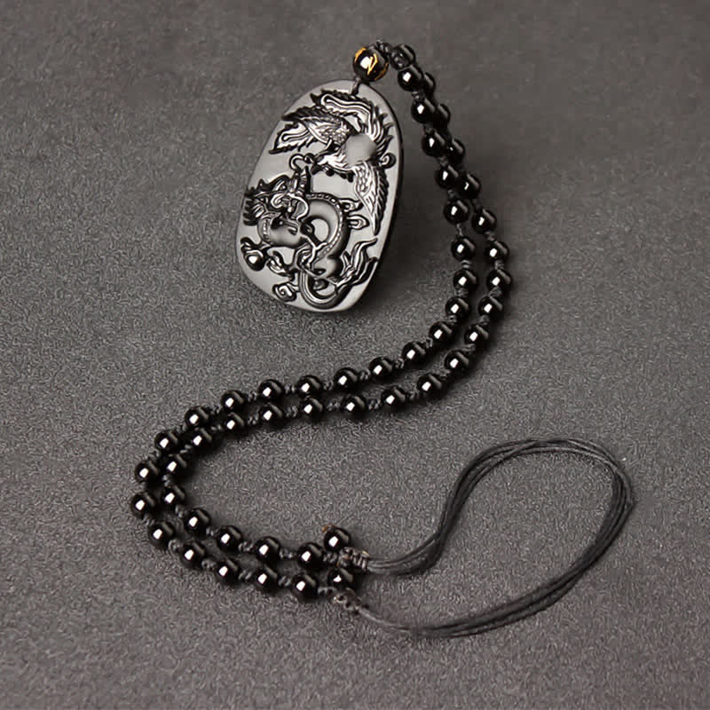 Black Obsidian Dragon Necklace with Tiger Eye Pendant for Protection