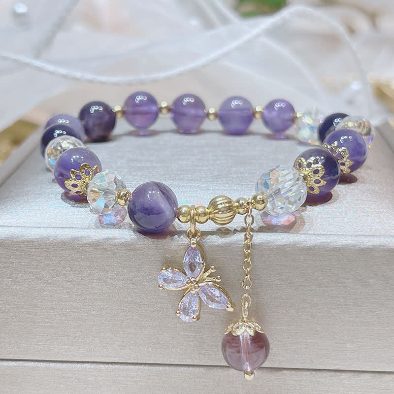 8mm Amethyst Crystal Spiritual Butterfly Charm Bracelet